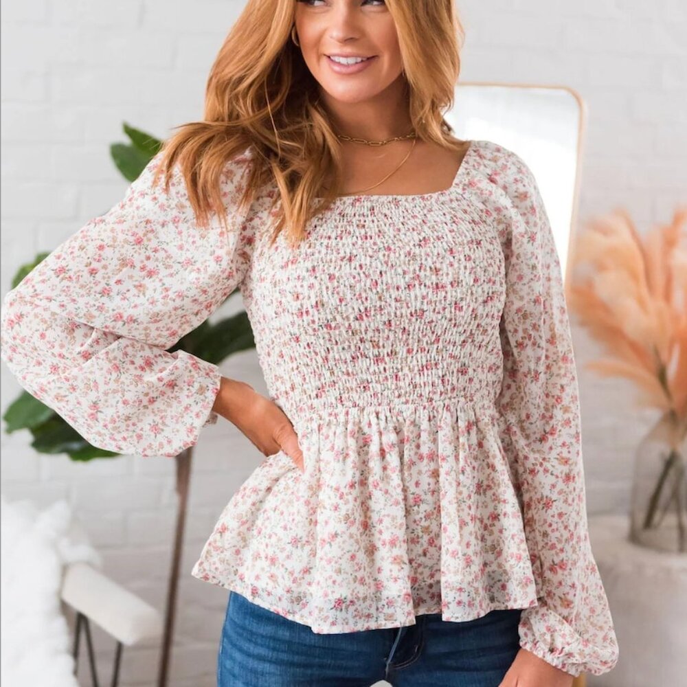 Petal & Pup Light Pink Floral Smocked Long Sleeve Peplum Ruffle Blouse Top, XS